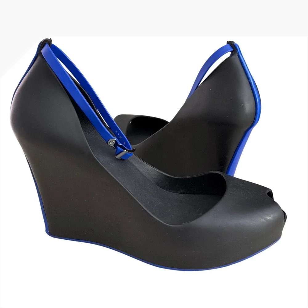 Melissa Patchuli Wedge Heels Black Blue Peep Toe Ankle Strap Jelly Shoes Size 10